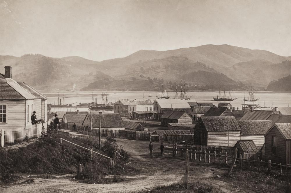 Sepia archival view suggesting early colonial New Zealand settlement