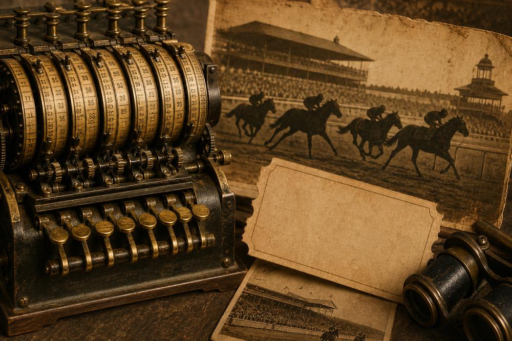 Antique totalisator gears and racing history still life in sepia tones